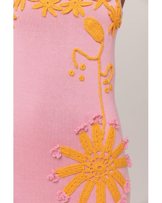 Andreeva White Golden Daisy Knit Dress With Handmade Embroidery