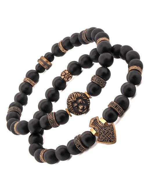 Ebru Jewelry Black Powerful Lion & Diamond Arrow Onyx Bracelet Set for men