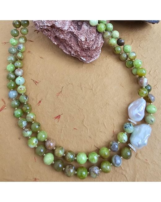 Farra Metallic Opal With Baroque Pearls Double Layers Necklace