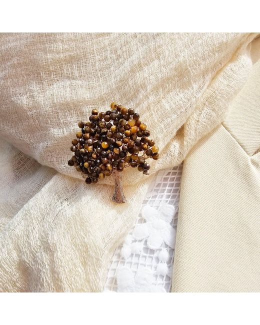 Farra Metallic Handcrafted Tree Shape Tiger-Eye Stone Brooch