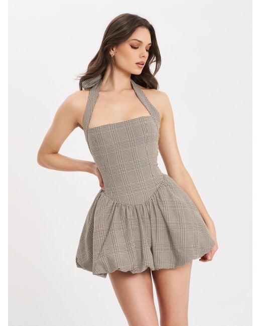 Miss Circle New York Gray Neutrals Dacia Plaid Halter Lace-Up Bubble Mini Dress