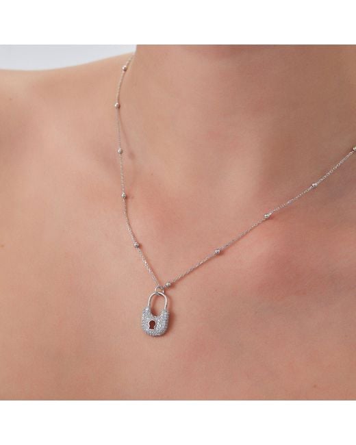 Spero London Metallic Lock Pendant Necklace With Beaded Chain Sterling