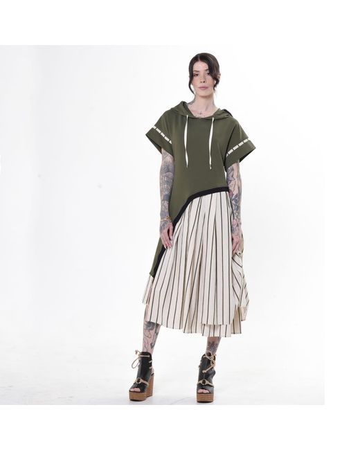 Metamorph Green Hooded Asymmetric Dress With Striped Skirt