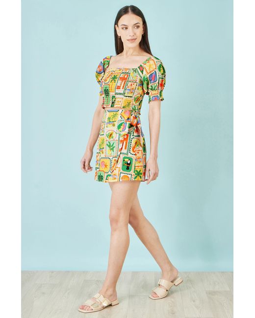Yumi' Yellow Multicolour Cropped Shirred Cotton Postcard Print Top