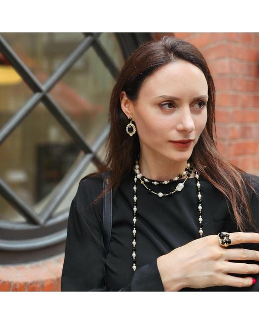Farra Metallic Obsidian And Pearls Double Layers Bracelet Or Choker