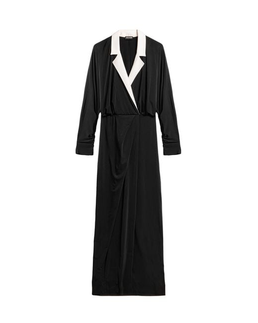 Nocturne Black Contrast Lapel Draped Maxi Dress