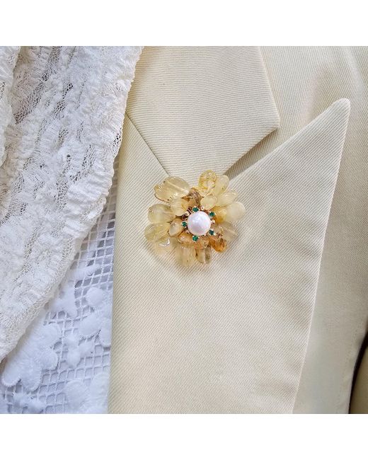 Farra Metallic Prosperity Citrine Beads Flower Brooch