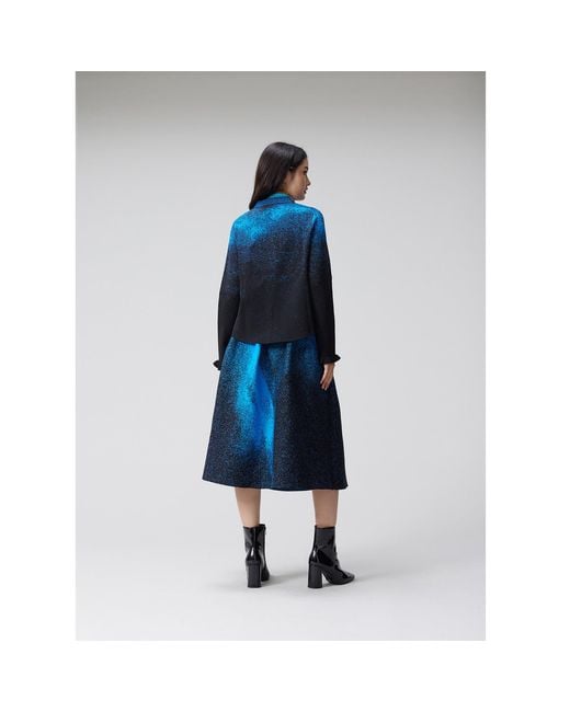 Arto. Blue Knitted Ruffles Flared Polo Top Jacket