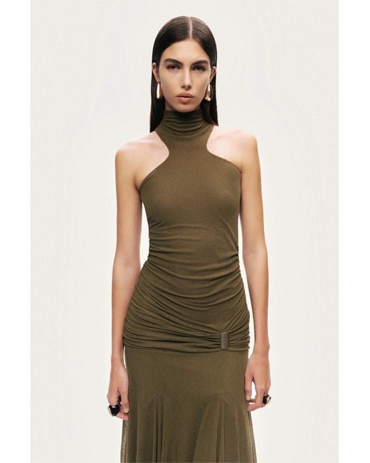 Nocturne Green Neutrals Halter Neck Draped Maxi Dress