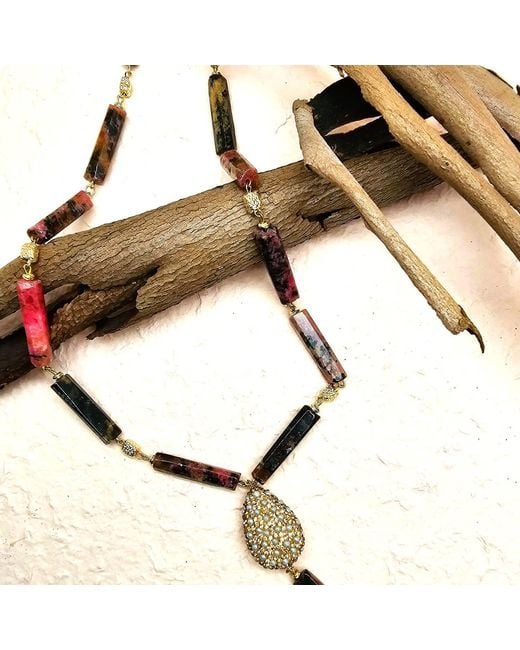 Farra Metallic Elegant Y-Shaped Rhodonite Necklace With Tassel Accents