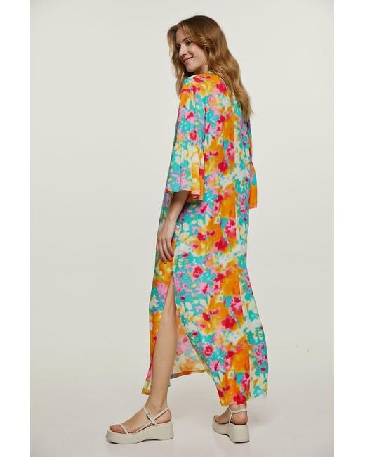 Conquista Orange Abstract Floral Kaftan Style Dress