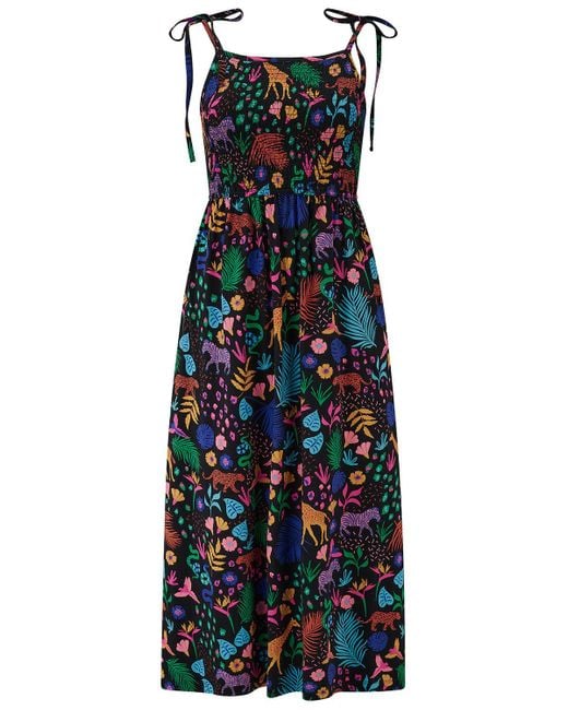 Sugarhill Blue Willa Shirred Jersey Midi Dress, Multi, Jungle Spirit