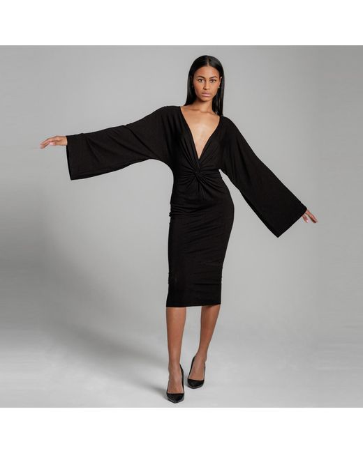 Imaatu Black Eclipse Knot Front Extremely Deep V-Neck Sculpting Elastic Viscose Midi Dress Long Kimono Sleeves
