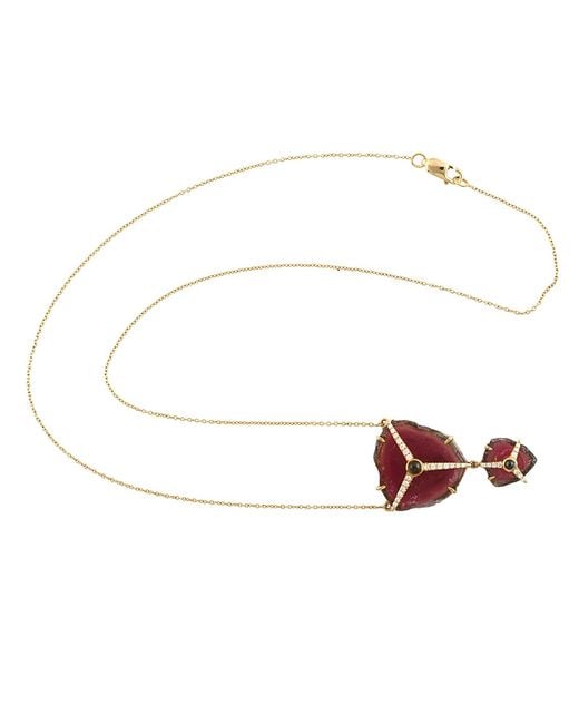 Artisan White Watermelon Tourmaline Slice & Diamond Pendant Necklace