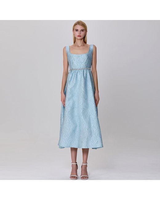 Smart and Joy Blue Fit-And-Flare Textured Jacquard Dress