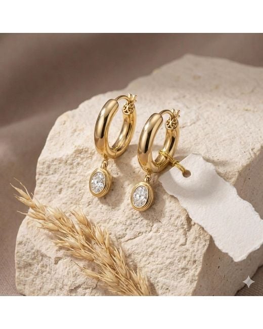 Artisan Metallic 14K Diamond Oval Drop Hoop Earrings