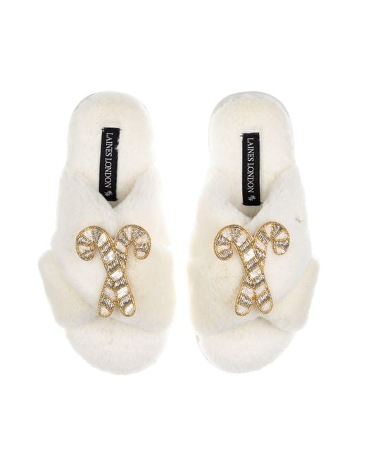 Laines London Metallic Neutrals Classic Laines Christmas Collection Slippers With Double & Candy Cane Brooches
