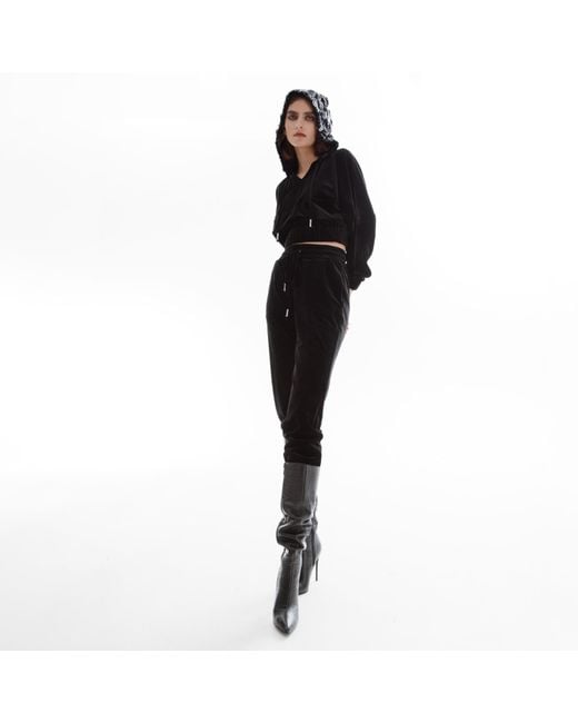 Lita Couture Black Short Hooded Velvet Sweatshirt