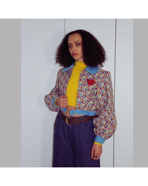 Couture to Your Door Blue Geometric Tapestry Cropped Bomber Jacket