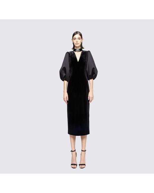 Nissa Black Puff Sleeves Velvet Midi Dress