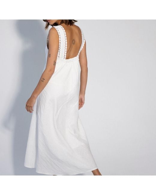 Langner White Embroidered Lace Linen Maxi Dress