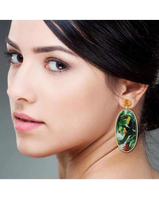 Artisan Green Bakelite Motif Drop Earrings With Citrine & Diamond