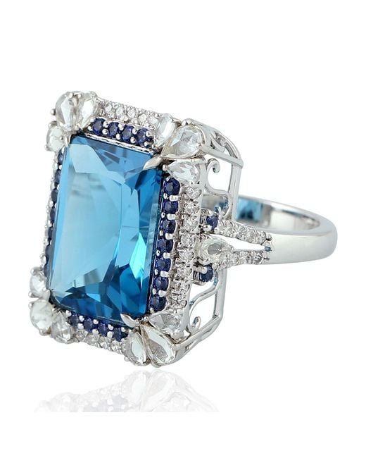 Artisan 18k White Gold Blue Sapphire Topaz Diamond Cocktail Ring Handmade Jewelry