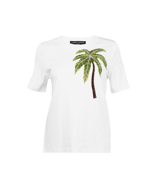 House of Laines London White Laines Couture Embellished Palm Tree T-Shirt