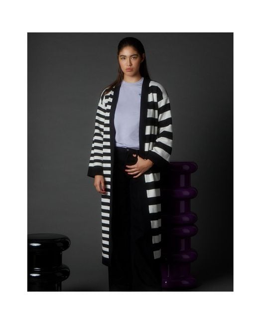 INGMARSON Black Multi-Striped Wool & Cashmere Knitted Cardigan Long