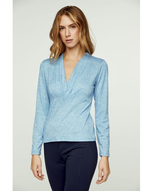 Conquista Blue Light Melange Knit V Neck Top