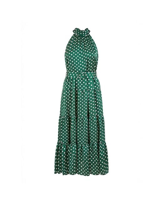 Yumi' Green Spot Print Halter Midi Dress With Matching Belt