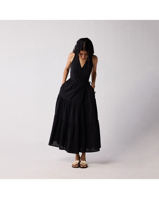 REISTOR Women's Black Sleeveless Embroidered Wrap Dress With Tiers