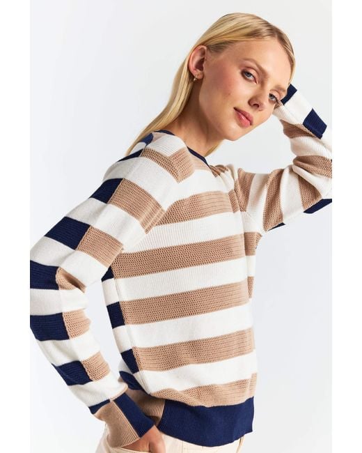 Brodie Cashmere White Mesh Stripe Crew