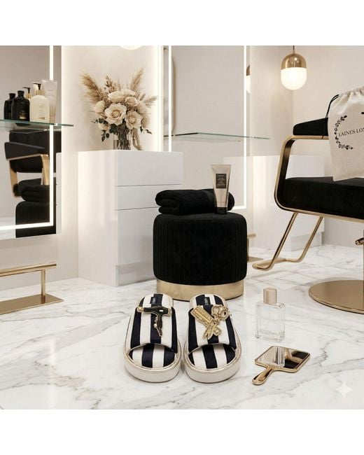 Laines London Black Flatform Stripe Open Toe Slippers With Hairdresser Brooches