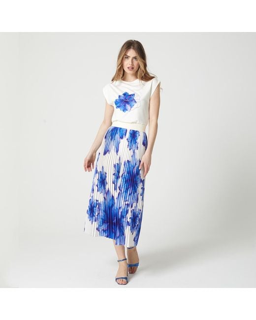 Lalipop Design Blue Laser-Cut Floral Print And Embroidered T-Shirt