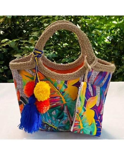 Springmoonatelier Blue Colorful Jute Straw Beach Bag With Tassels