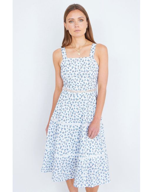 Yumi' Blue Ditsy Floral Cotton Midi Sun Dress With Lace Trims