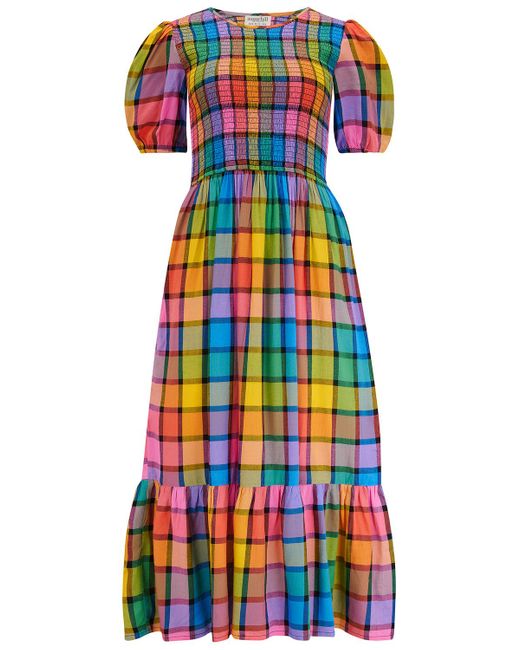 Sugarhill Black Yolanda Midi Shirred Dress Multi, Summer Rainbow Check