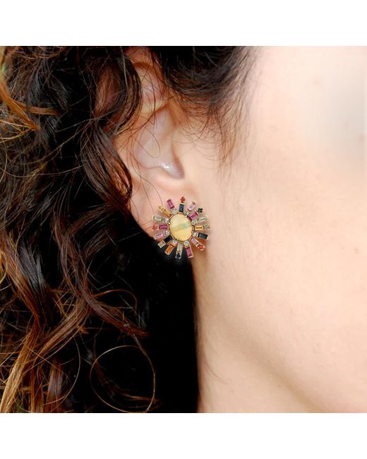 Artisan Metallic Oval Cut Ethiopian Opal & Multi Baguette Sapphire Pave Diamond In 18k Gold Stud Earrings