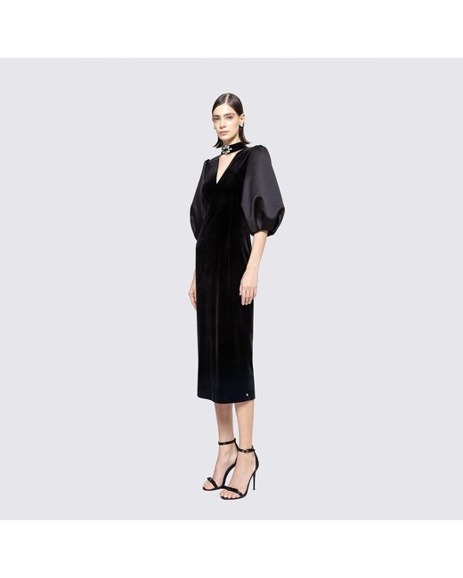 Nissa Black Puff Sleeves Velvet Midi Dress