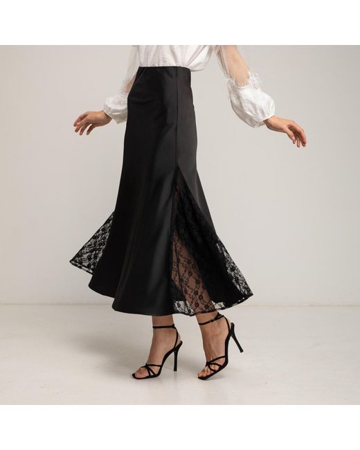 Tantra Spain Sl Black A-Line Satin Midi Skirt With Side Slits And Lace, Elastic Waistband