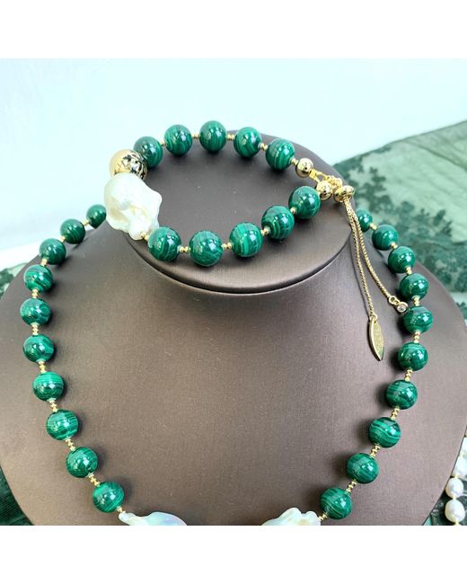 Farra Green Christmas Malachite With Baroque Pearl Adjustable Bracelet