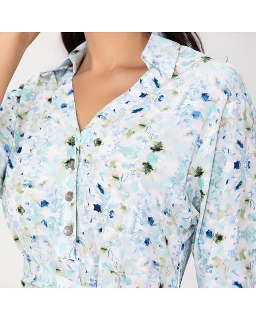 Smart and Joy Blue V Neckline Floral Print Shirt-Dress -Light