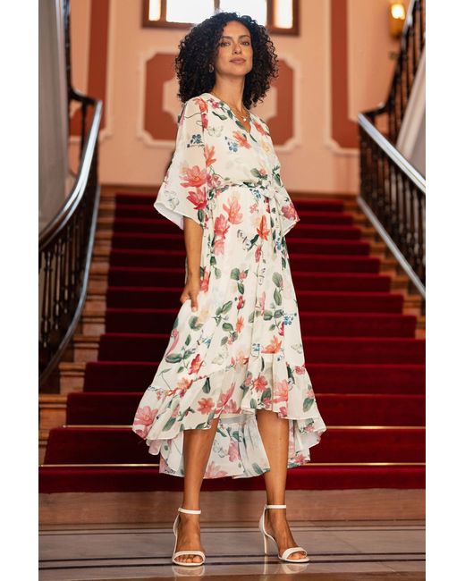 Yumi' White Neutrals Ivory Floral Print Wrap Midi Dress With Dipped Hem