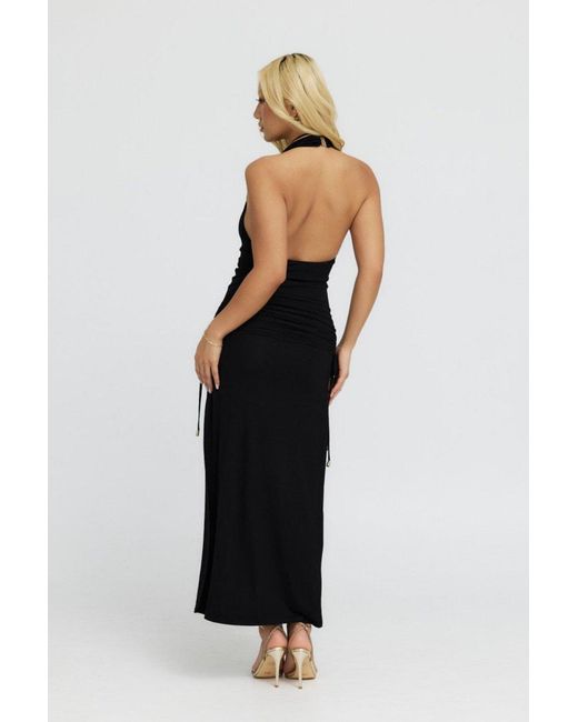 Why Mary Black Venus Cowl Neck Halter Bamboo Jersey Maxi Dress