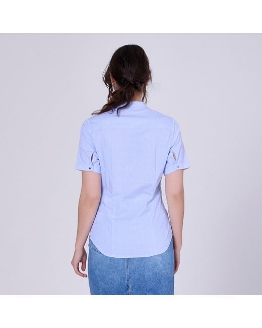Smart and Joy Blue Fitted V-Neck Short Sleeves Cotton Shirt