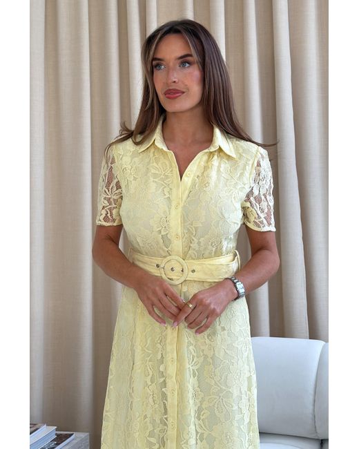 Girl In Mind Yellow Tansy Short Sleeve Lace Shirt Dress