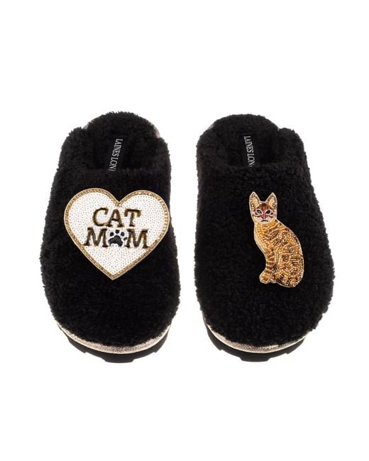 Laines London Black Teddy Closed Toe Slippers With Cat Mum/Mom & Bengal Cat Brooches
