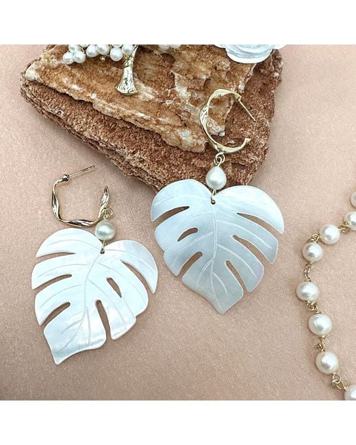 Farra White Leaves Shaped Shell With Pearls Chunky Earrings