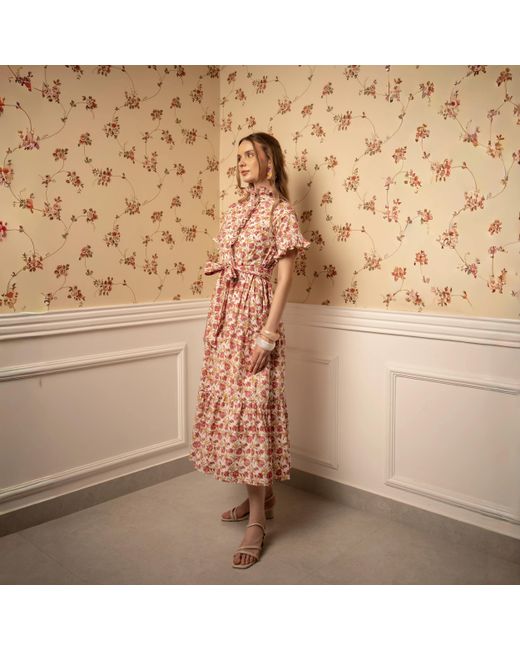 Echo of Pink Pink Sofia Ruffled Neck Hand Block Print Cotton Dress